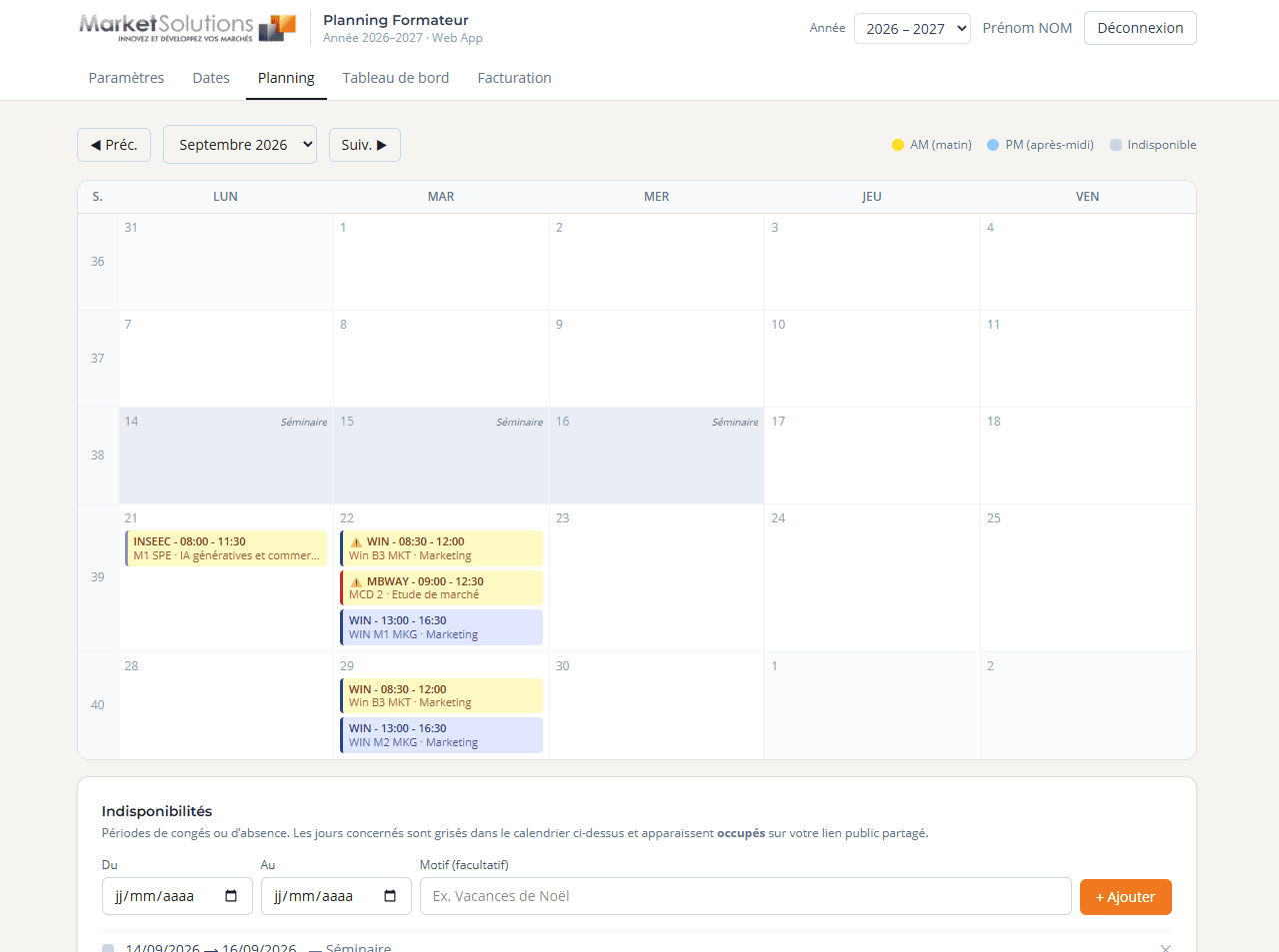 Vue Planning — calendrier mensuel